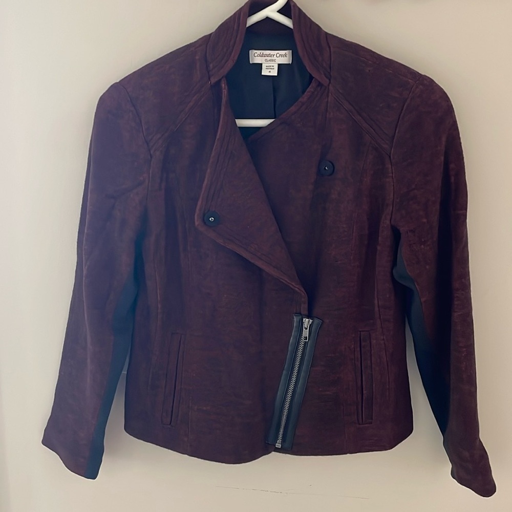 Coldwater Creek Wool Blend Soft Knit Moto Jacket Blazer Women 4 Black Burgundy